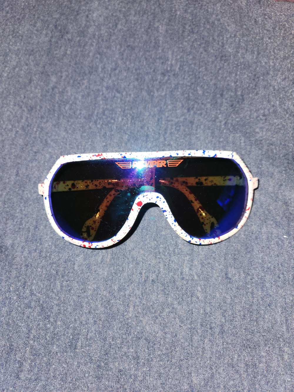 Pit Viper White Splatter Frame with Blue Mirrored Shield Sunglasses